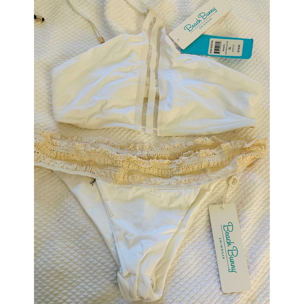 New w/tags Beach Bunny Sheer Addiction High Neck Halter White Bikini Swimsuit XL